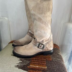 Frye Tan Combat Moto Boots with Distressed Leather